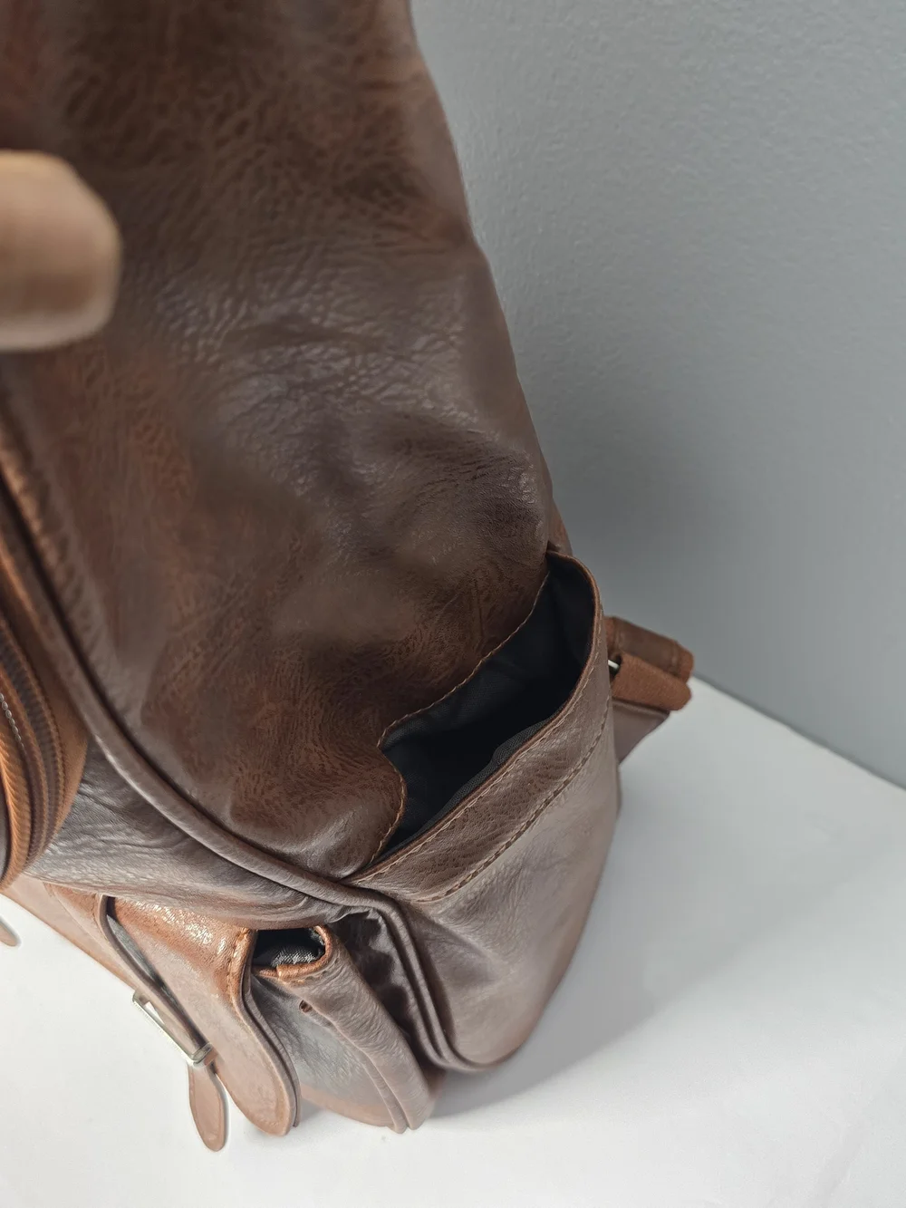 Brown Faux Leather Multi-Pocket Travel Backpack